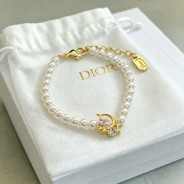 Dior Beige Gold Pearl Strand D-Charm Bracelet 4
