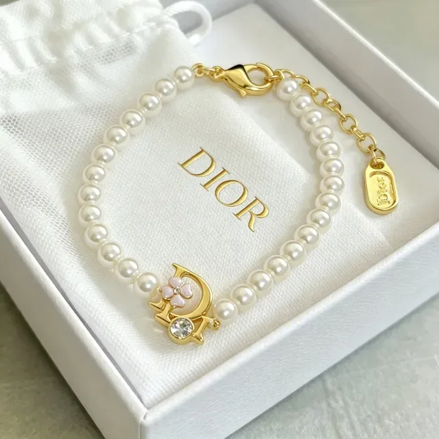 Dior Beige Gold Pearl Strand D-Charm Bracelet 5