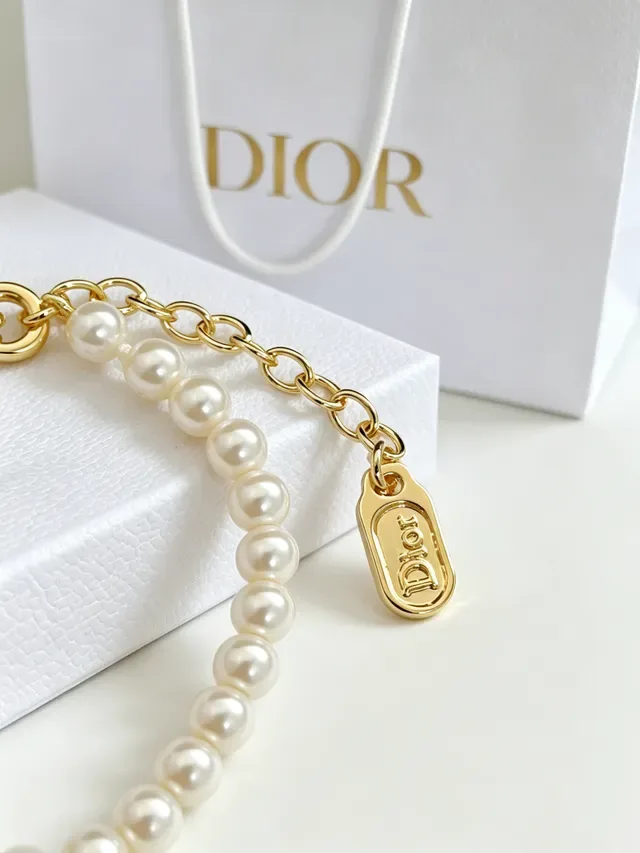 Dior Beige Gold Pearl Strand D-Charm Bracelet 7