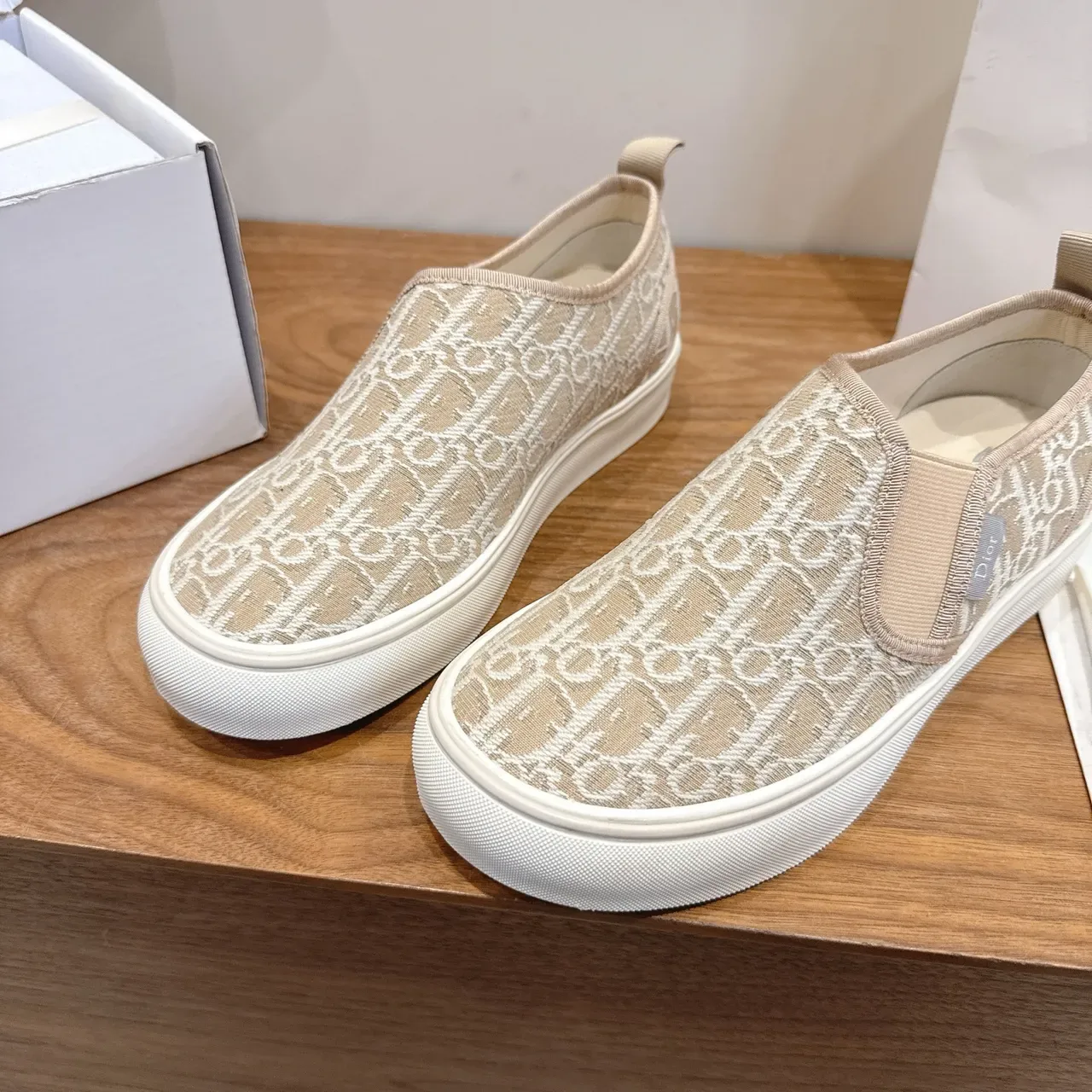 Dior Beige White Monogrammed Knit Slip-On Lifestyle Sneakers 4