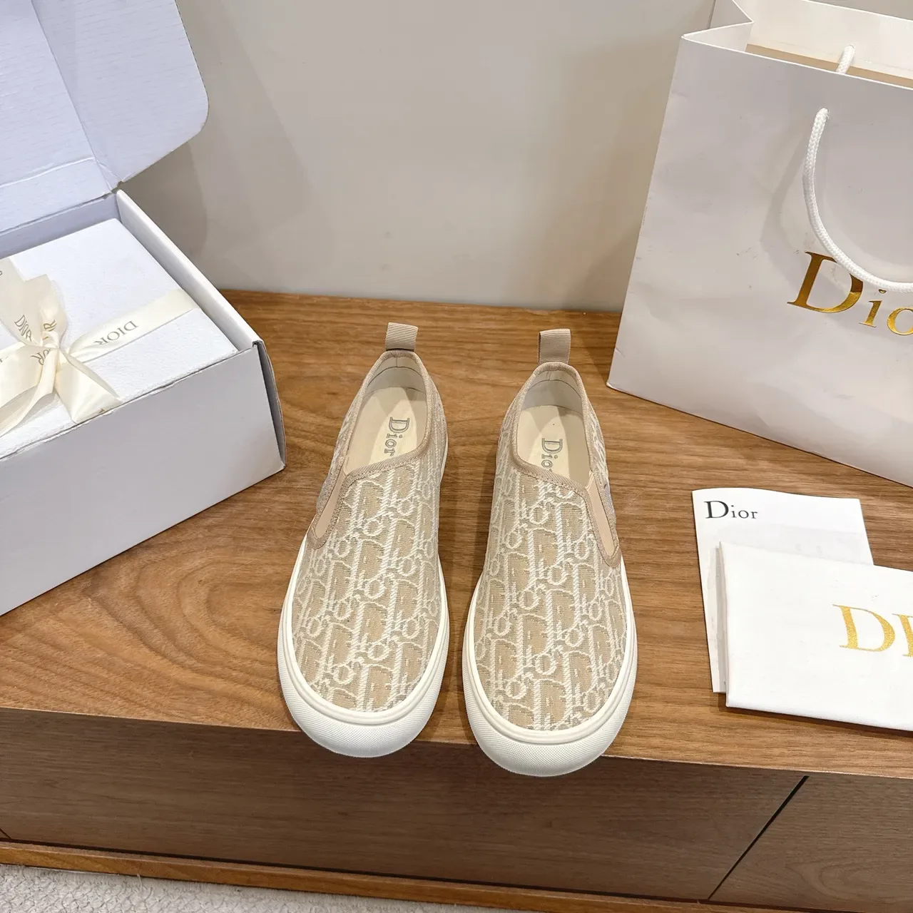 Dior Beige White Monogrammed Knit Slip-On Lifestyle Sneakers 5