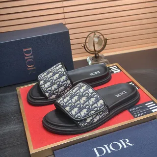 Dior काला नेवी तिरछा जैक्वार्ड पट्टी molded rubber sole चप्पल