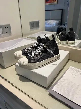 Dior Black White High-Top Glitter Knit Upper Lifestyle Sneakers 3