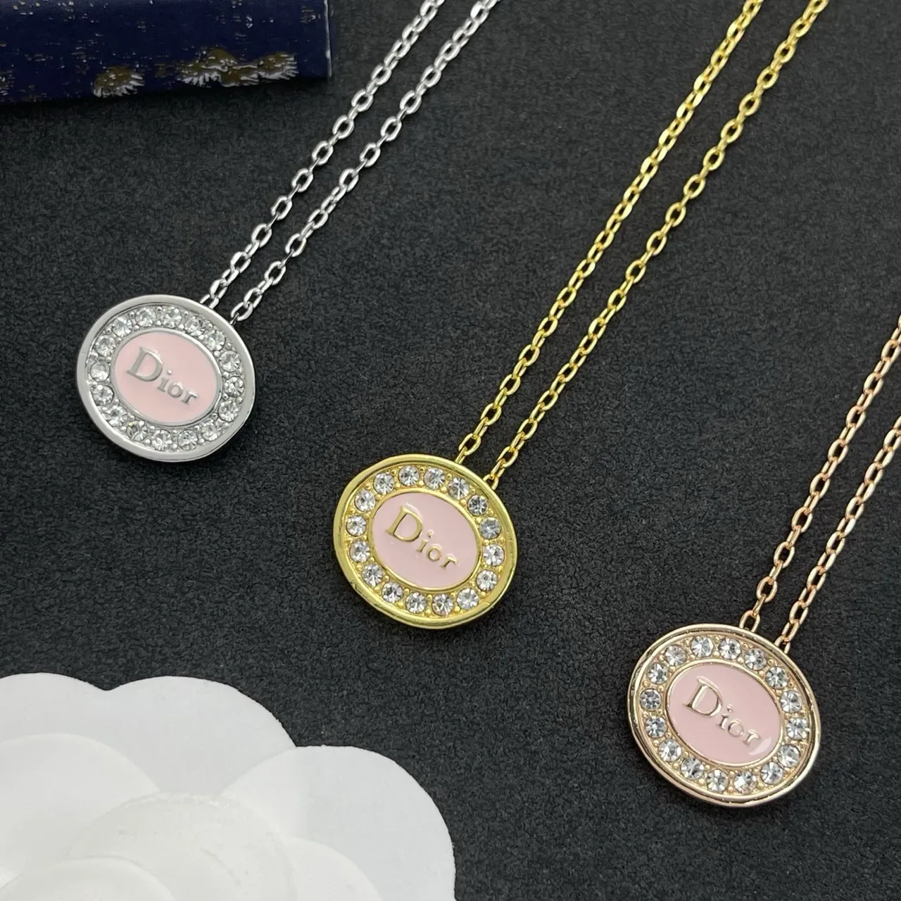 Dior Circular Pink Enamel Crystal Pendant Necklace 3