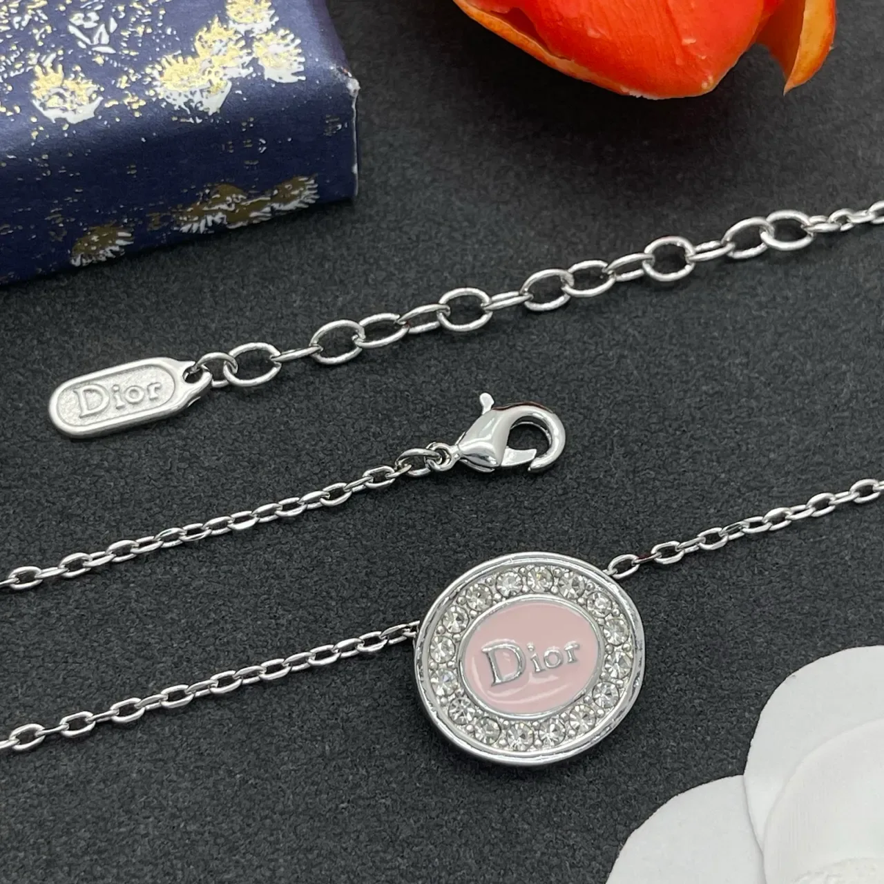 Dior Circular Pink Enamel Crystal Pendant Necklace 5