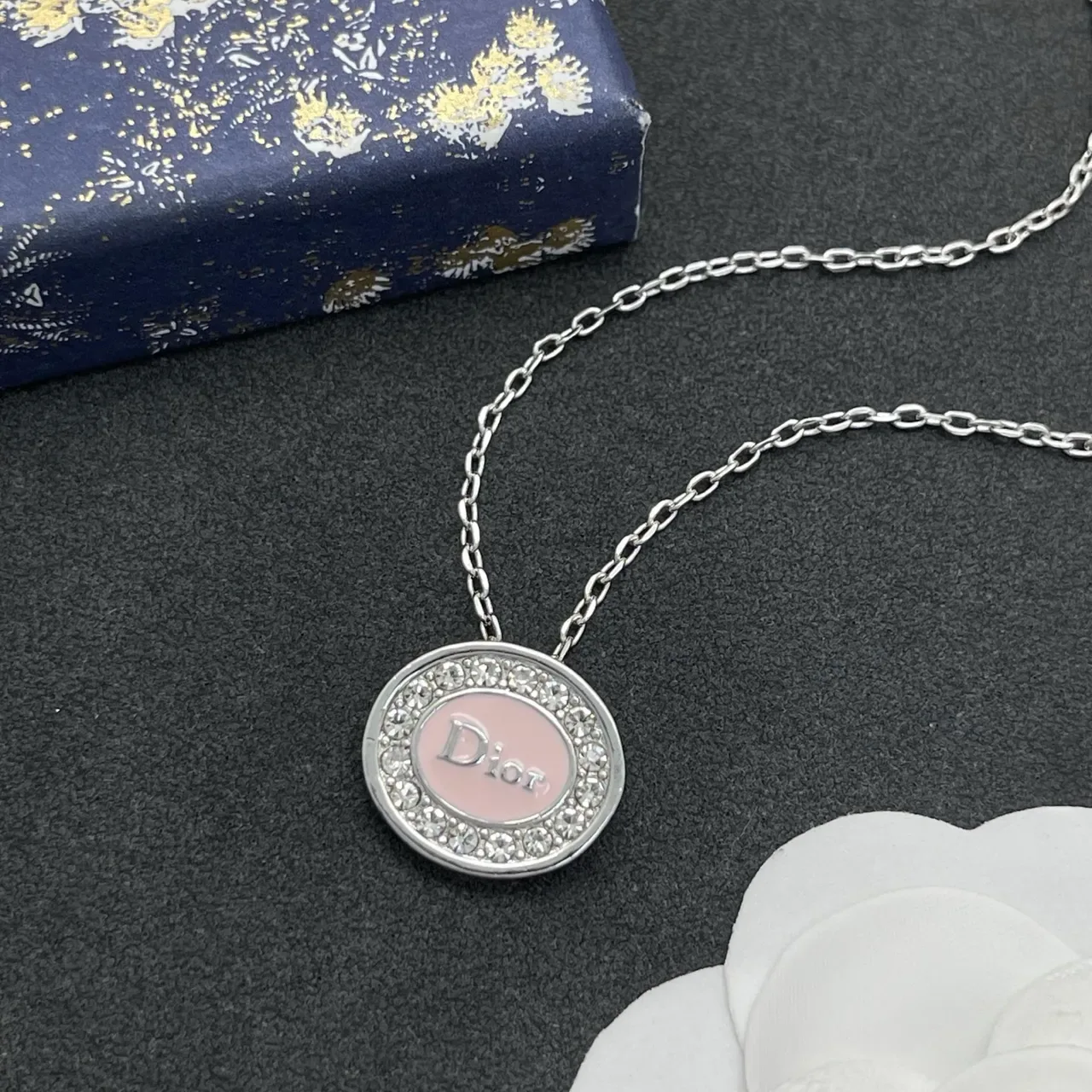 Dior Circular Pink Enamel Crystal Pendant Necklace 7
