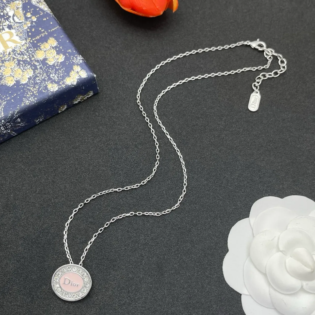 Dior Circular Pink Enamel Crystal Pendant Necklace 8