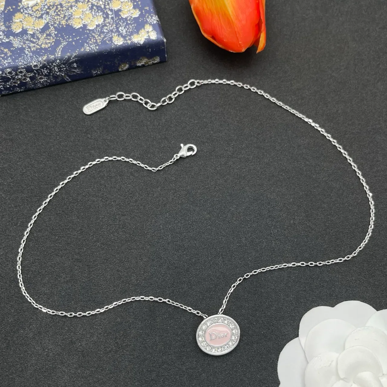 Dior Circular Pink Enamel Crystal Pendant Necklace 9
