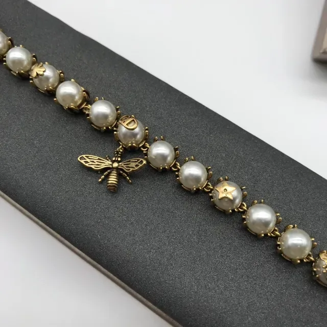 Dior Gold White Chain Bee Charm Motif Necklace 5