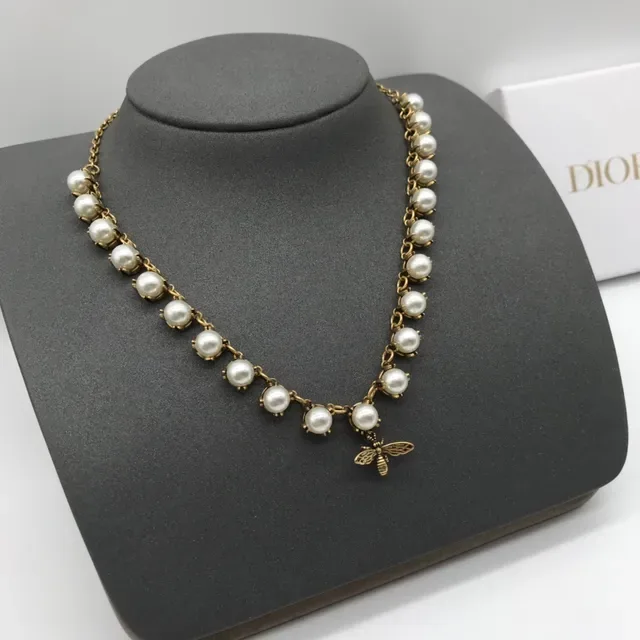 Dior Gold White Chain Bee Charm Motif Necklace 6