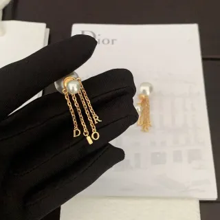 Dior Or Blanc Perle Stud Chaîne Tassels Boucles d'oreilles