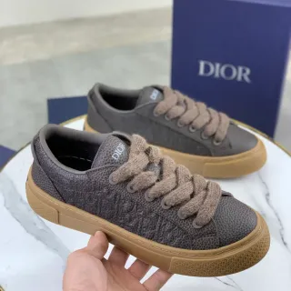 Dior Gris Beige Cuir grainé Tige Lacets style tricoté Sneakers Lifestyle