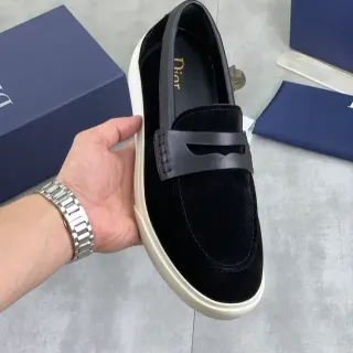 Dior 黑米色麂皮乐福鞋 光面皮革 便士鞋带
