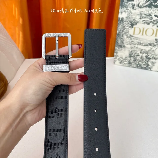 Dior Oblique Noir Brun Monogramme embossé 3.5cm Boucle à épingle Ceinture en Cuir 4