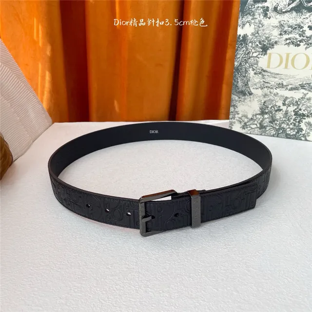 Dior Oblique Noir Brun Monogramme embossé 3.5cm Boucle à épingle Ceinture en Cuir 9
