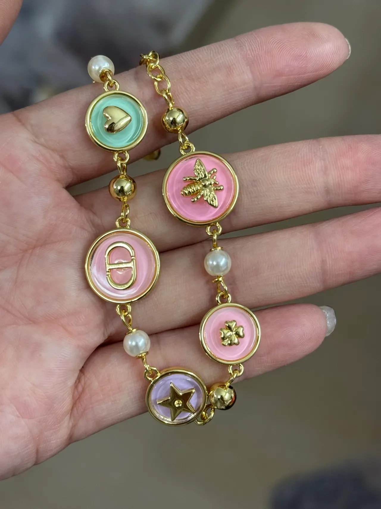 Dior Pink Gold Enamel Charm Metal Bracelet 3