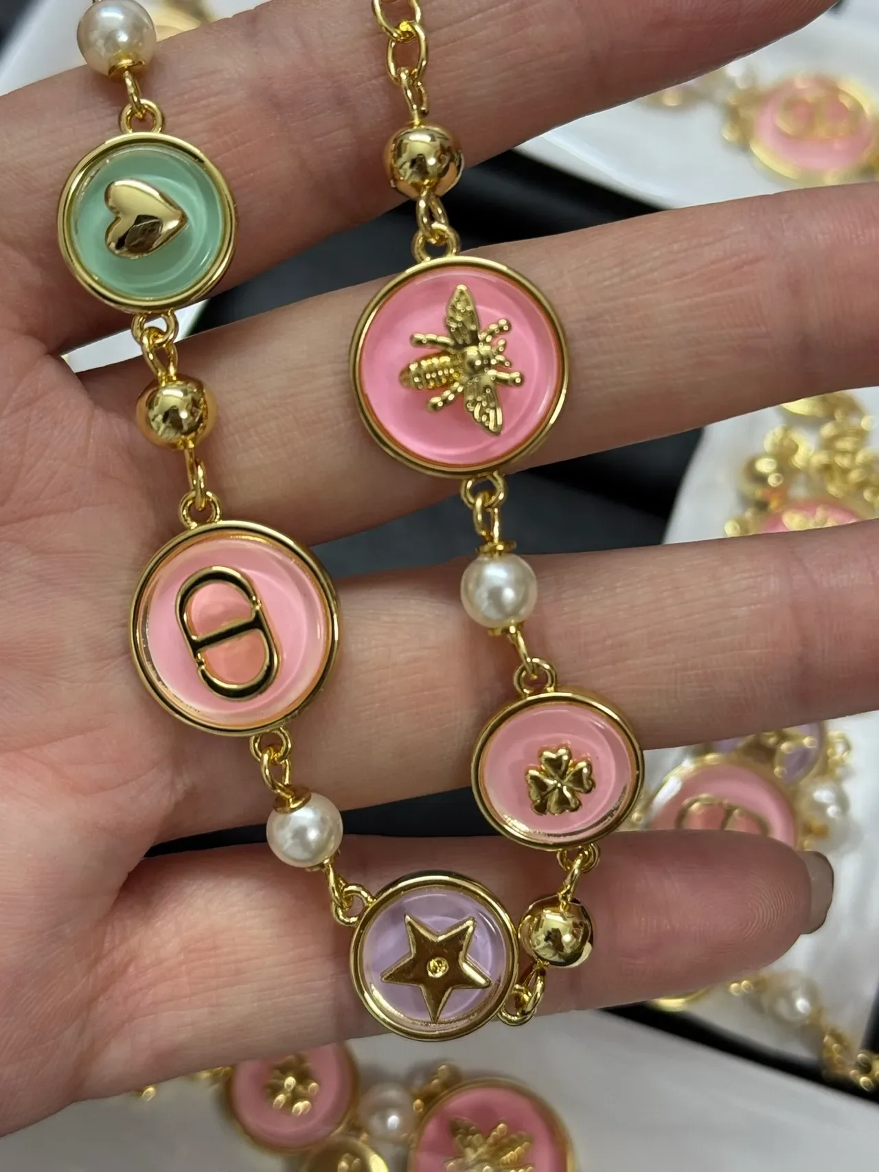 Dior Pink Gold Enamel Charm Metal Bracelet 4