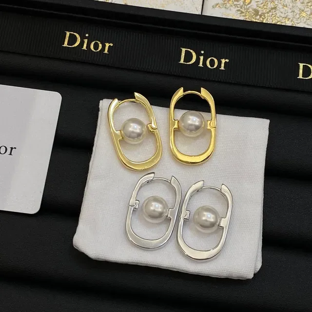 Dior রুপা সোনালি ওভাল ওপেন হুপ সেন্ট্রাল পার্ল কানের দুল 6