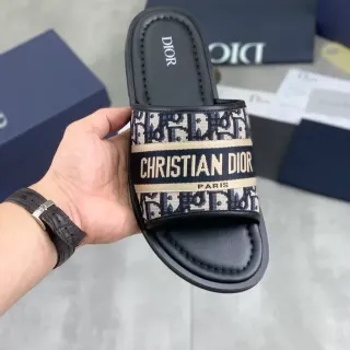 Dior Slide Negro Beige Correa Oblicua Jacquard Cuero Plantilla Zapatos Deslizantes