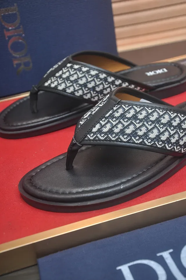 Dior Slide Black Beige Thong Strap Oblique Monogram Print Slippers 3