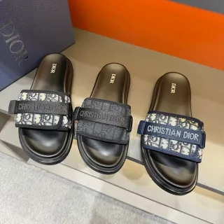 Dior Slide Negro Beige Ancha Correa Doble Banda Oblíqua Jacquard Zapatillas