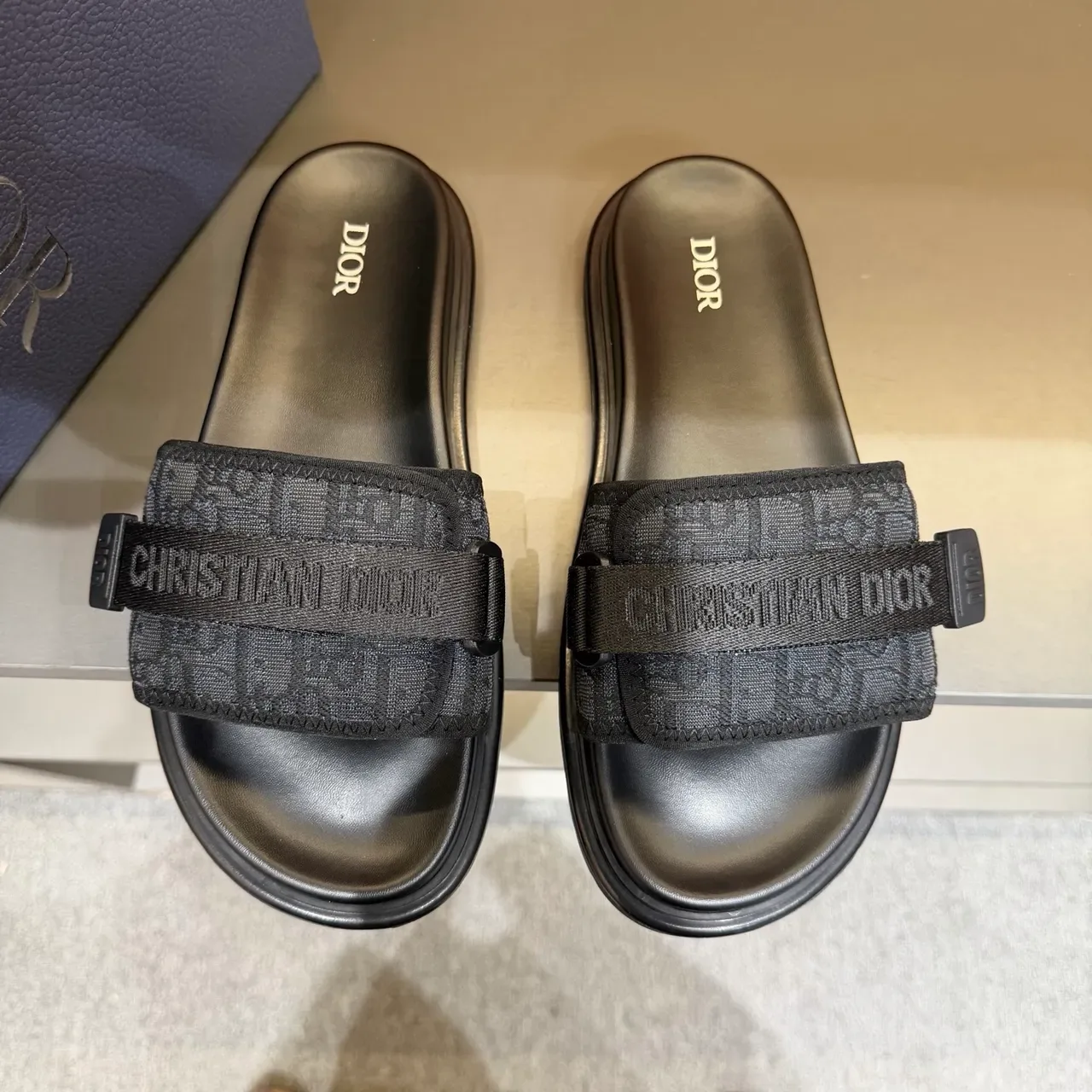 Dior Slide Black Beige Wide Double-Strap Oblique Jacquard Band Slippers 2