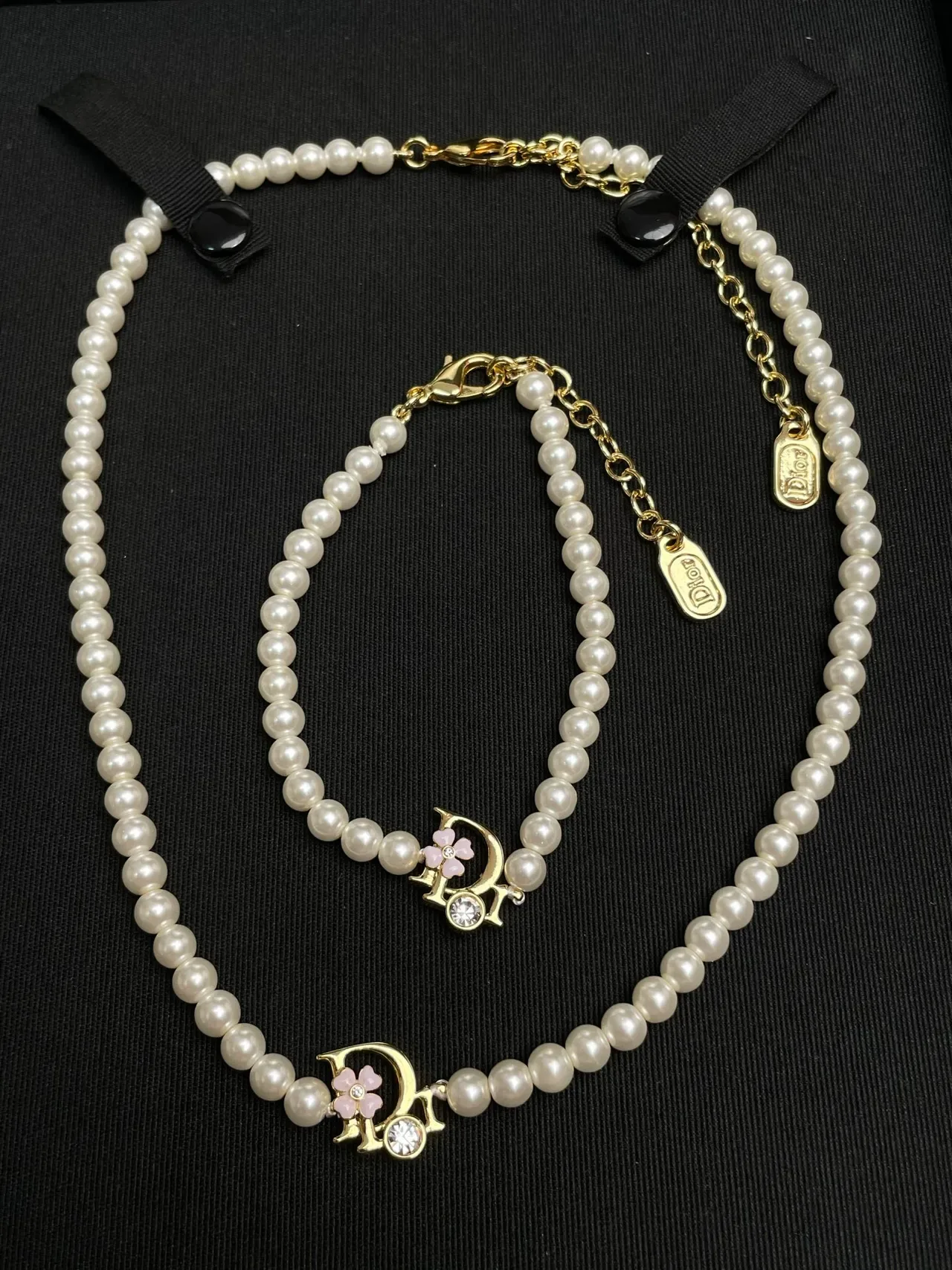 Dior White Gold Pearl Strand Logo Pendant Necklace 2