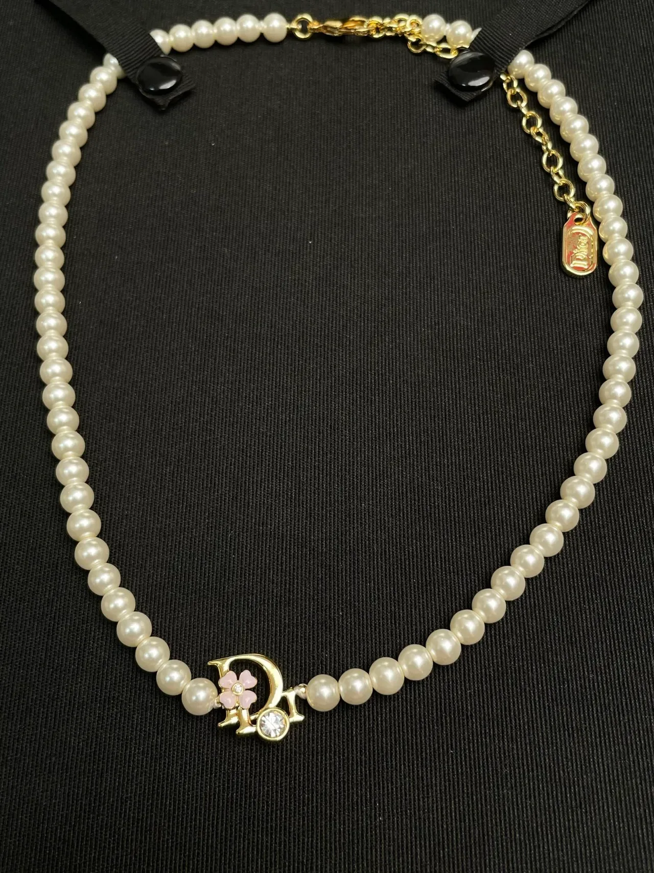 Dior White Gold Pearl Strand Logo Pendant Necklace 4