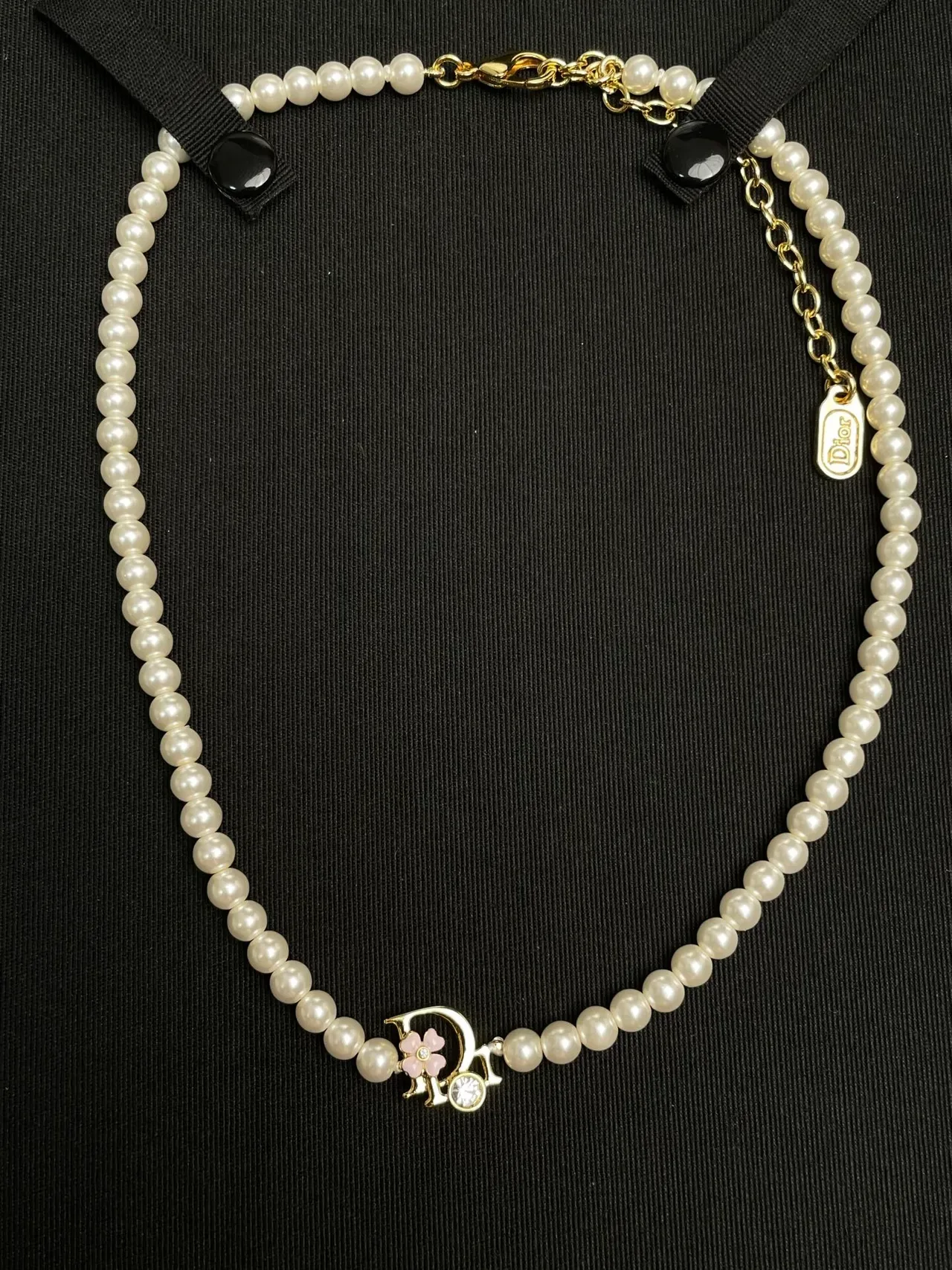 Dior White Gold Pearl Strand Logo Pendant Necklace 5
