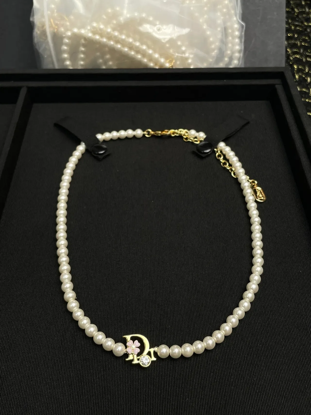 Dior White Gold Pearl Strand Logo Pendant Necklace 6