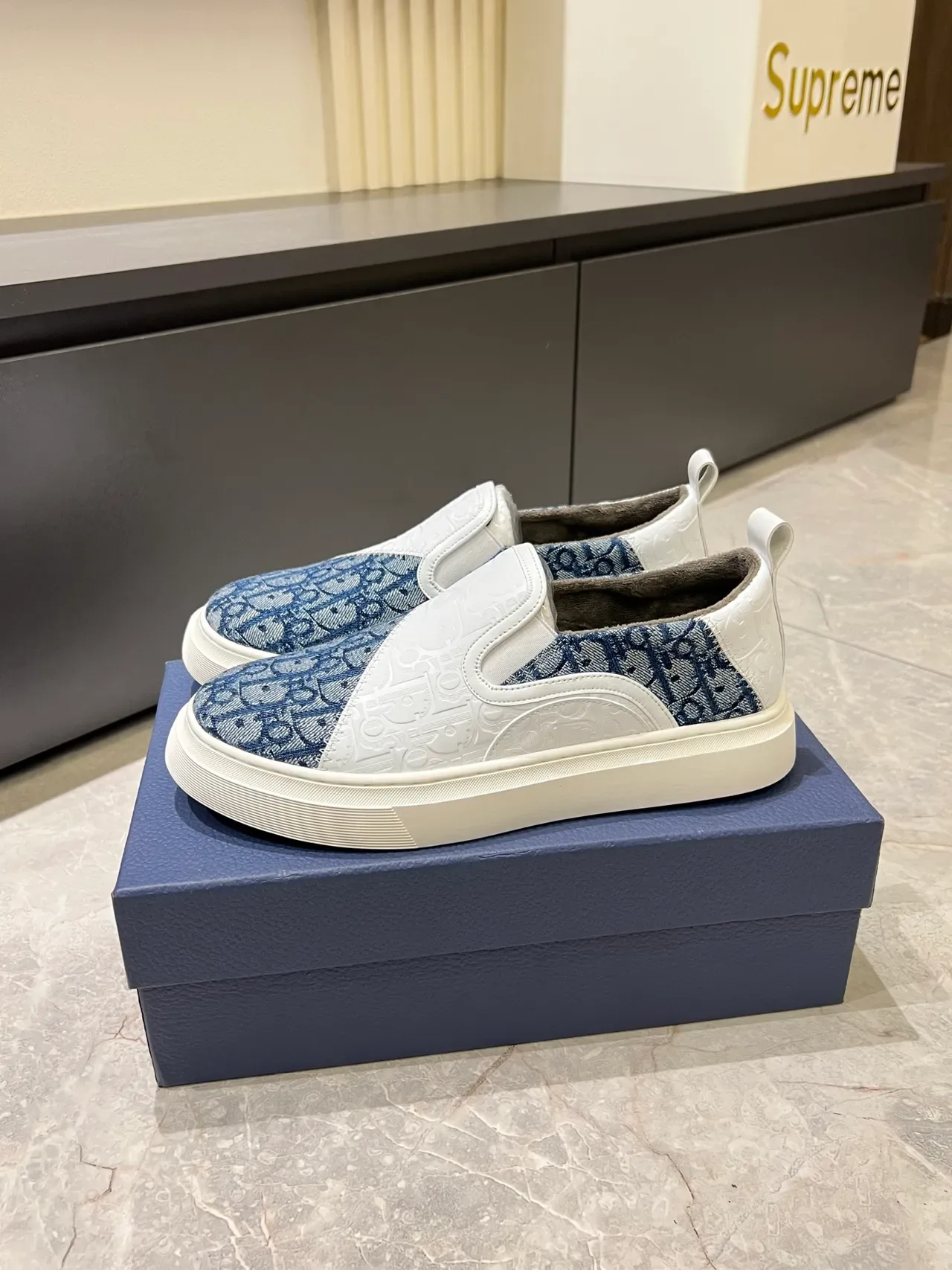 Dior White Navy Slip-On Embossed Leather Lifestyle Sneakers 4