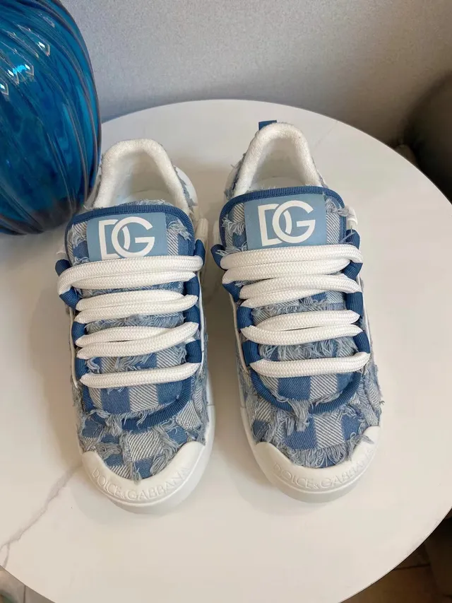 Dolce & Gabbana Sneakers chunky à semelle plateforme en denim-textil froissé bleu blanc 2