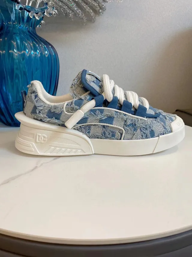 Dolce & Gabbana Sneakers chunky à semelle plateforme en denim-textil froissé bleu blanc 3