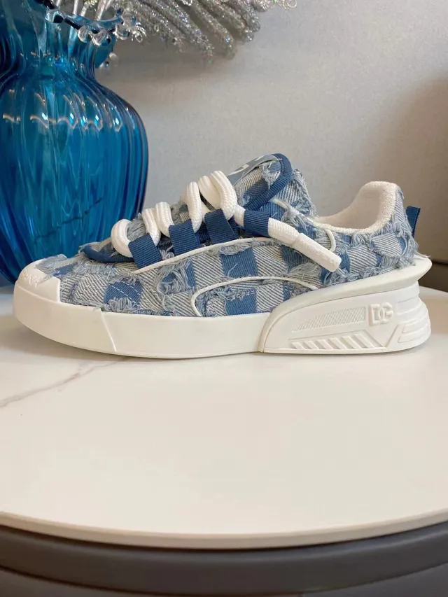 Dolce & Gabbana Sneakers chunky à semelle plateforme en denim-textil froissé bleu blanc 4
