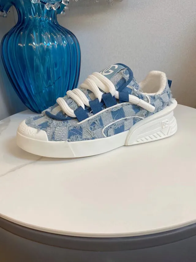 Dolce & Gabbana Sneakers chunky à semelle plateforme en denim-textil froissé bleu blanc 5