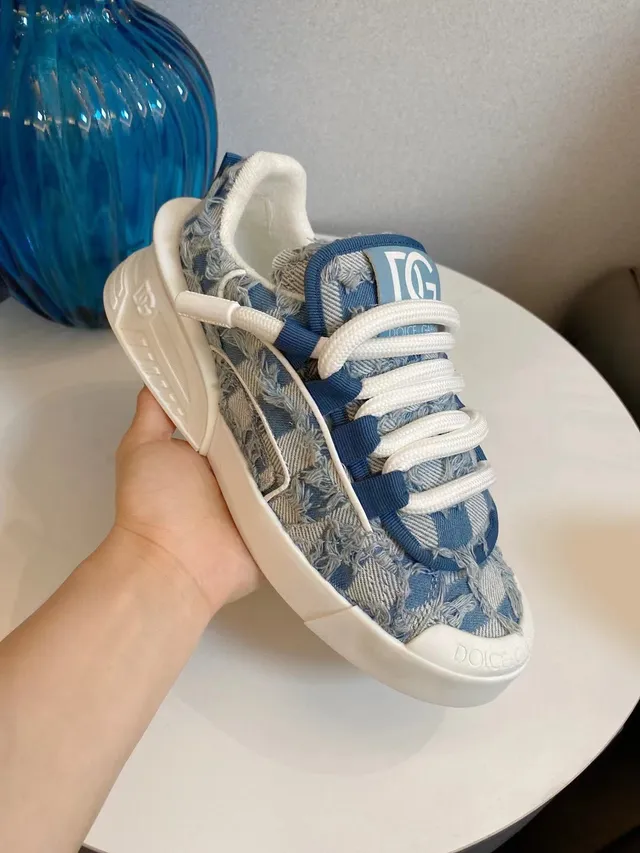Dolce & Gabbana Sneakers chunky à semelle plateforme en denim-textil froissé bleu blanc 7