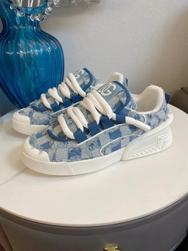 Dolce & Gabbana Sneakers chunky à semelle plateforme en denim-textil froissé bleu blanc 8