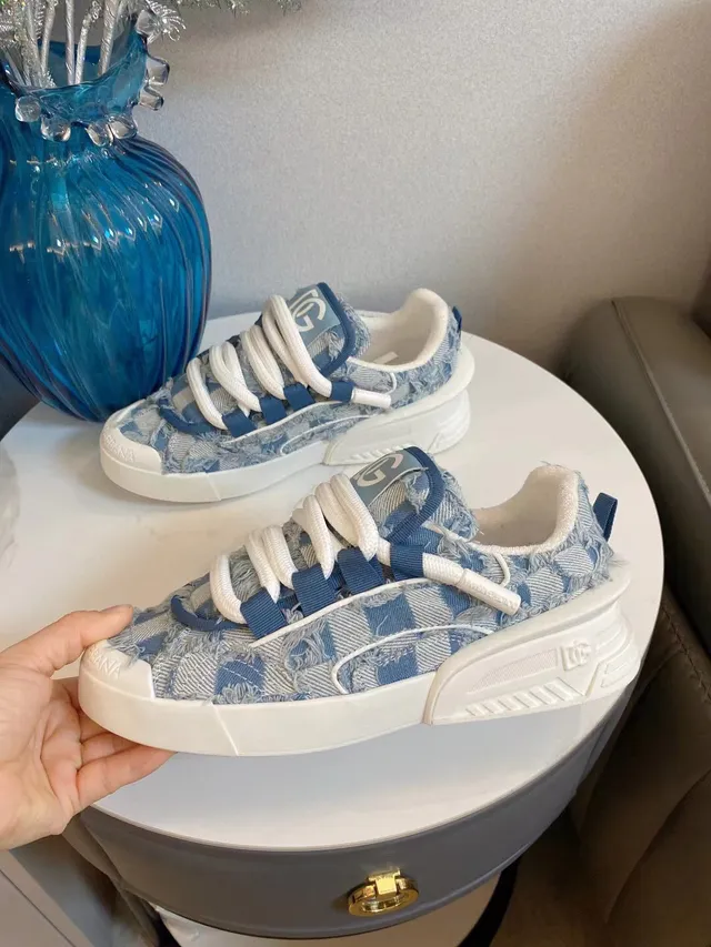 Dolce & Gabbana Sneakers chunky à semelle plateforme en denim-textil froissé bleu blanc 9