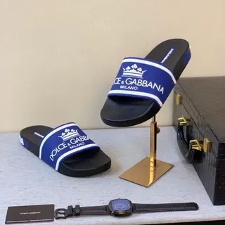 Dolce & Gabbana Portofino Noir Bleu Large Logo Sangle Couronne Emblème Chaussons