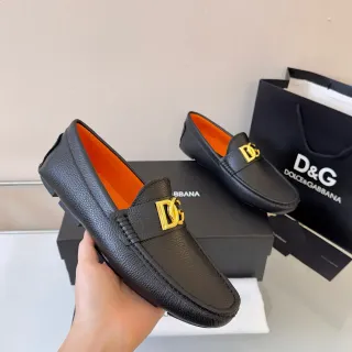 Dolce & Gabbana Logo 黑橙乐福鞋 颗粒皮革 金色扣