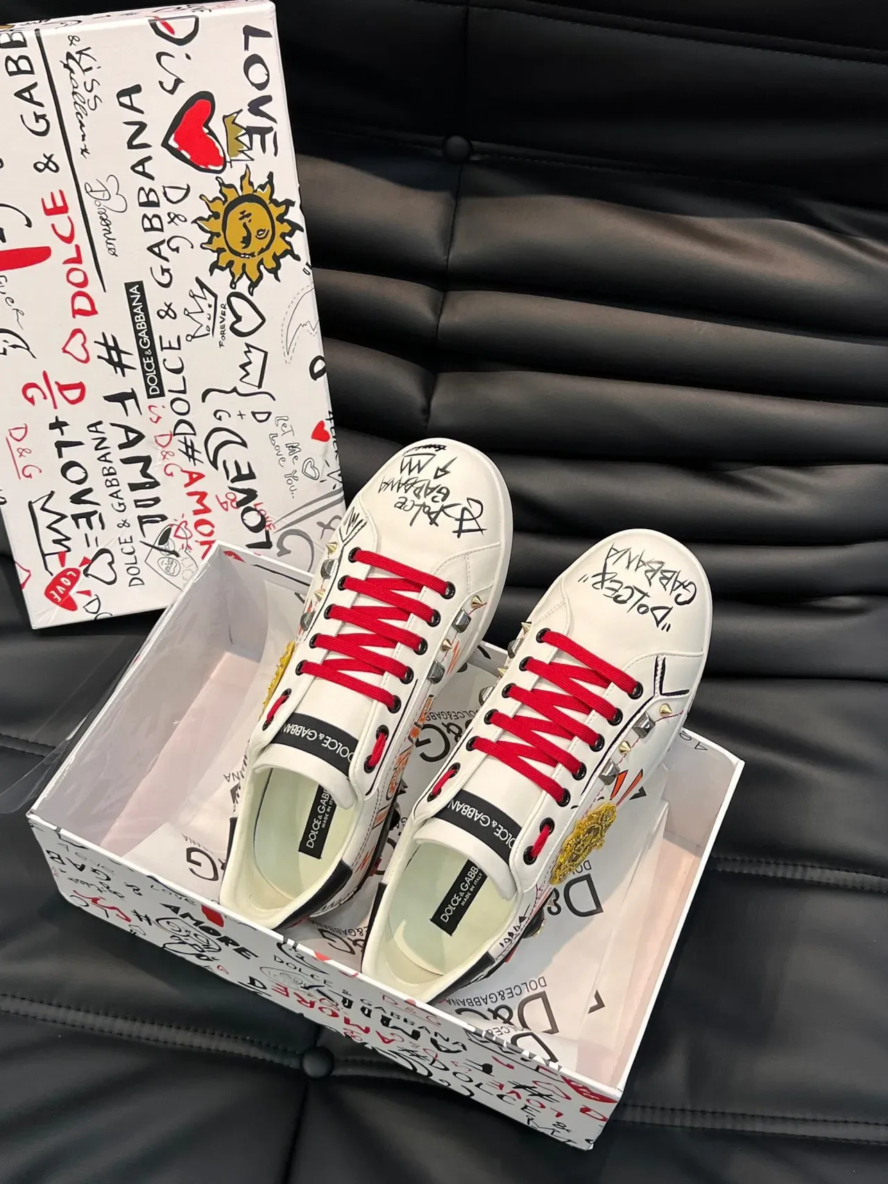 Dolce & Gabbana Portofino 涂鸦印花 铆钉皮革 生活方式运动鞋 6