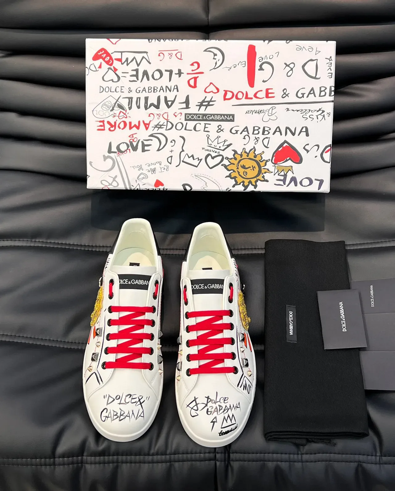 Dolce & Gabbana Portofino 涂鸦印花 铆钉皮革 生活方式运动鞋 8