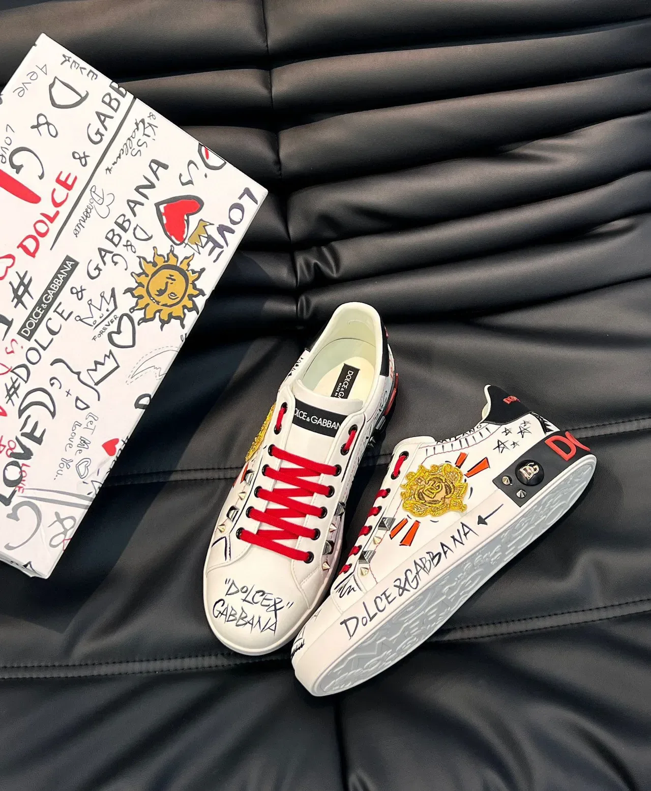 Dolce & Gabbana Portofino 涂鸦印花 铆钉皮革 生活方式运动鞋 9
