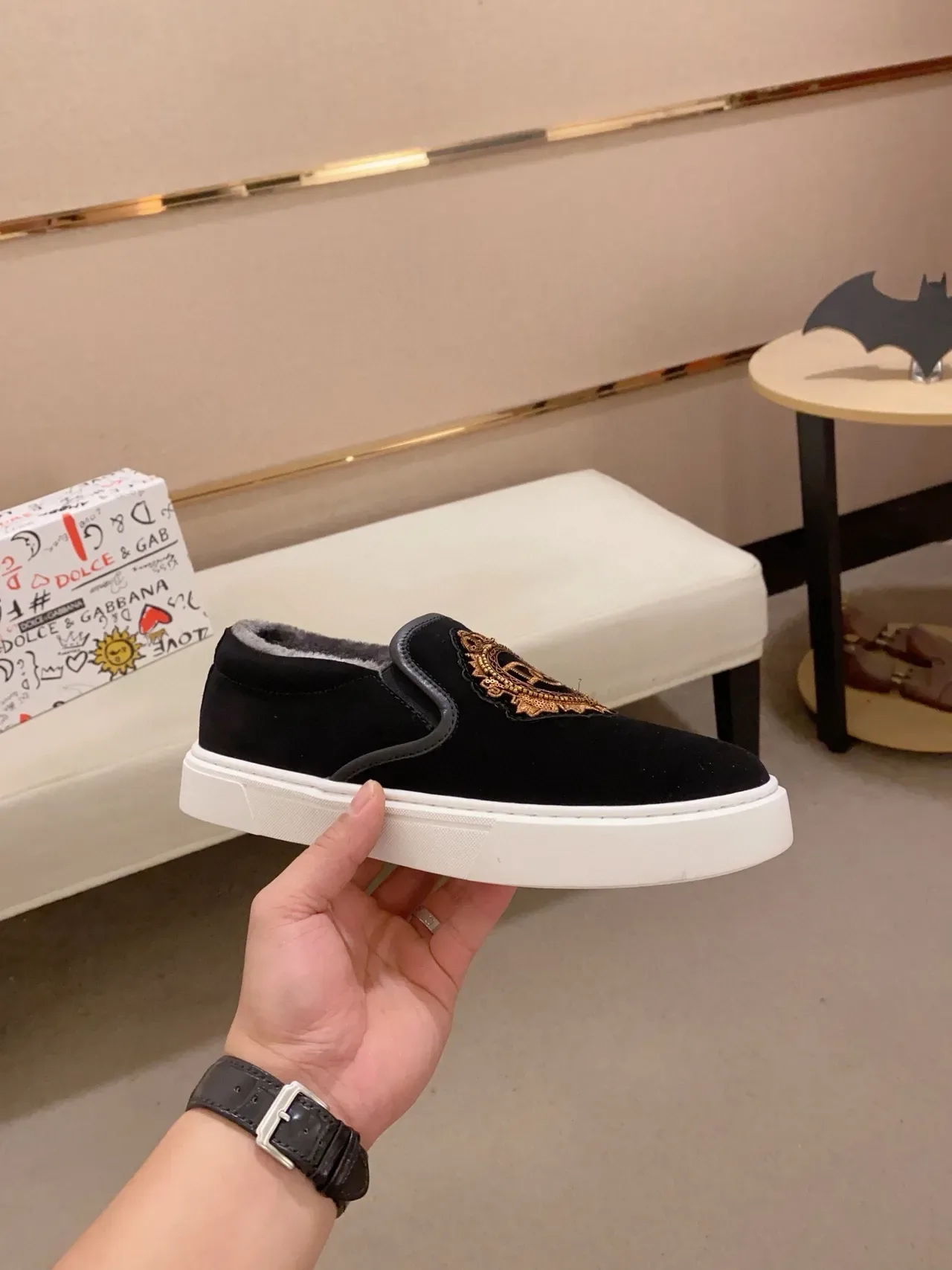 Dolce & Gabbana Portofino Slip-On Black White Velvet Upper Lifestyle Sneakers 4