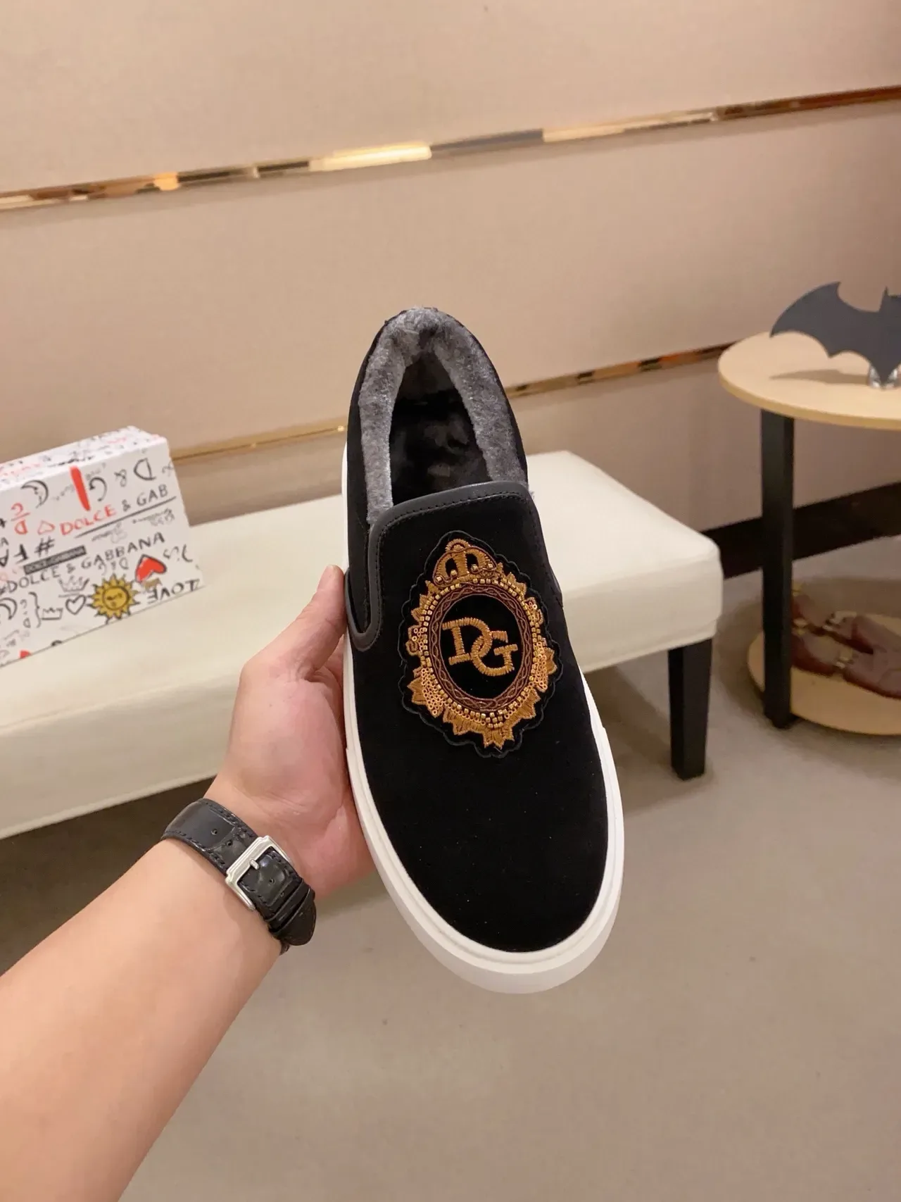 Dolce & Gabbana Portofino Slip-On Black White Velvet Upper Lifestyle Sneakers 5