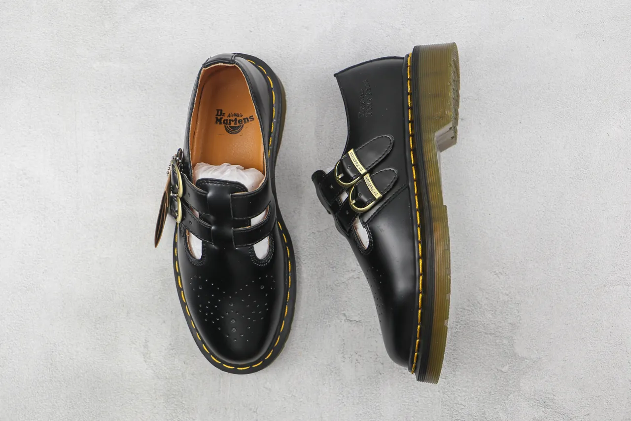Dr. Martens Mary Jane أسود أصفر ت-بار حزام مزدوج بكلات ذهبية Mary Jane حذاءات 3