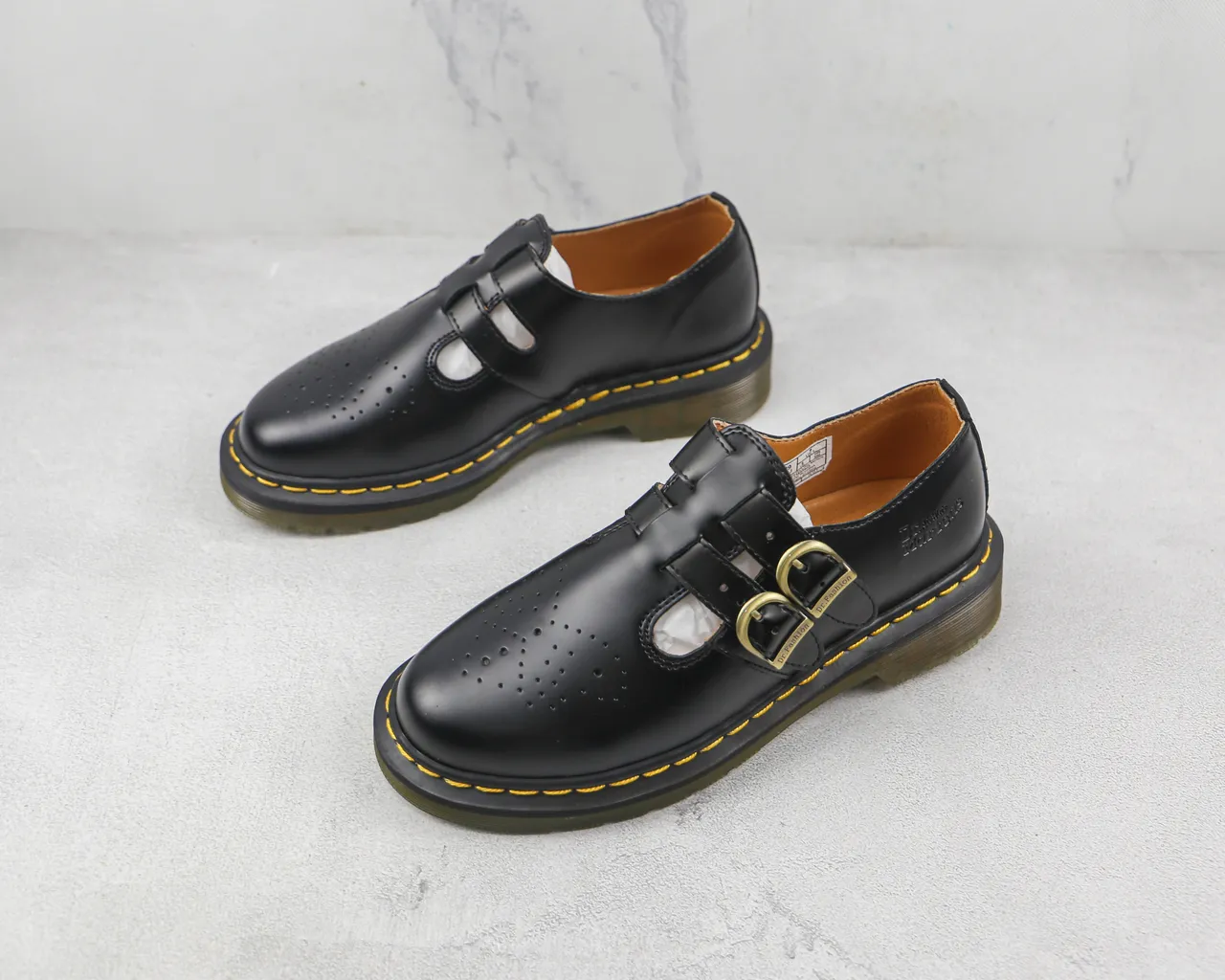 Dr. Martens Mary Jane أسود أصفر ت-بار حزام مزدوج بكلات ذهبية Mary Jane حذاءات 4
