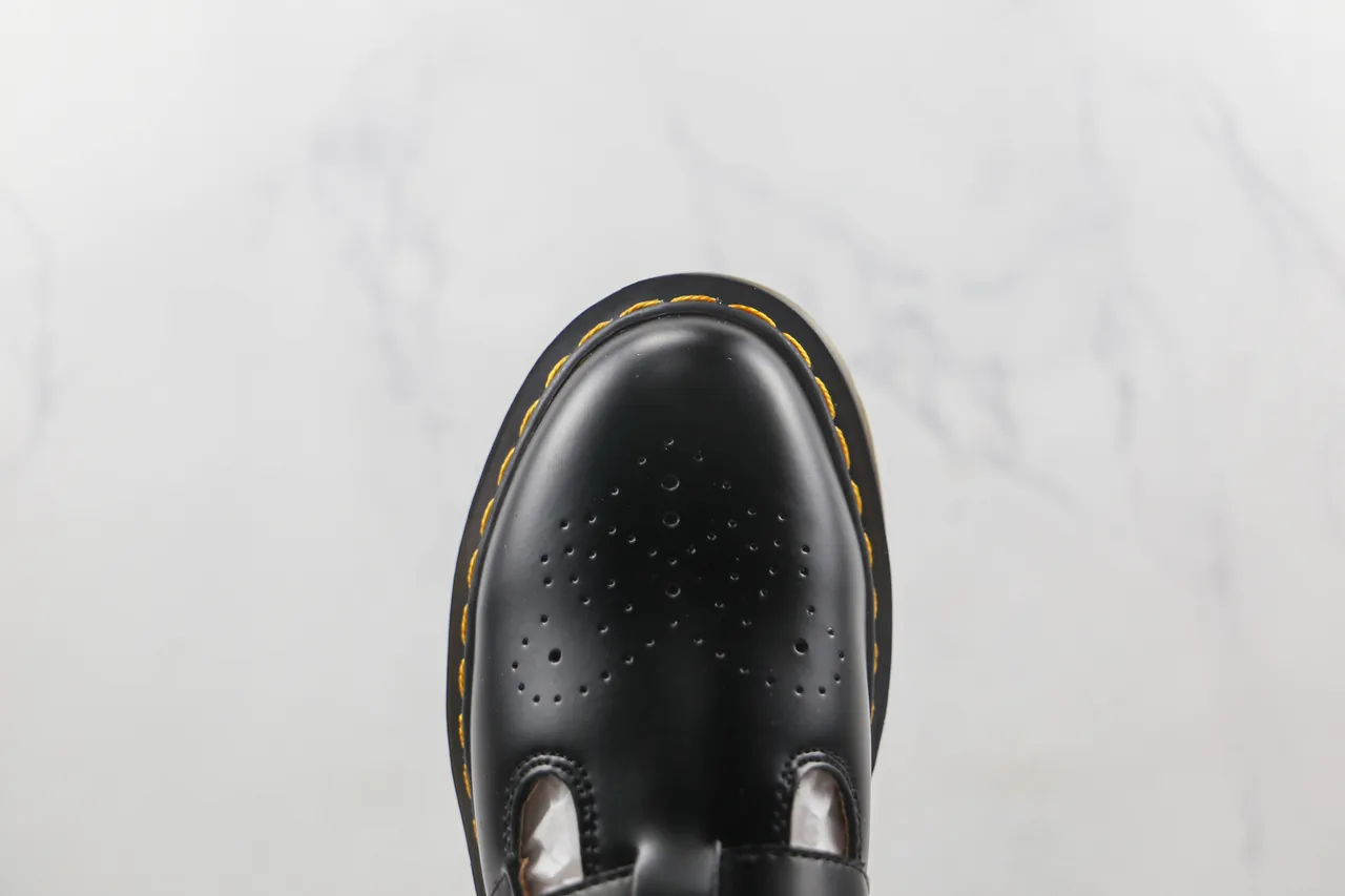 Dr. Martens Mary Jane أسود أصفر ت-بار حزام مزدوج بكلات ذهبية Mary Jane حذاءات 6