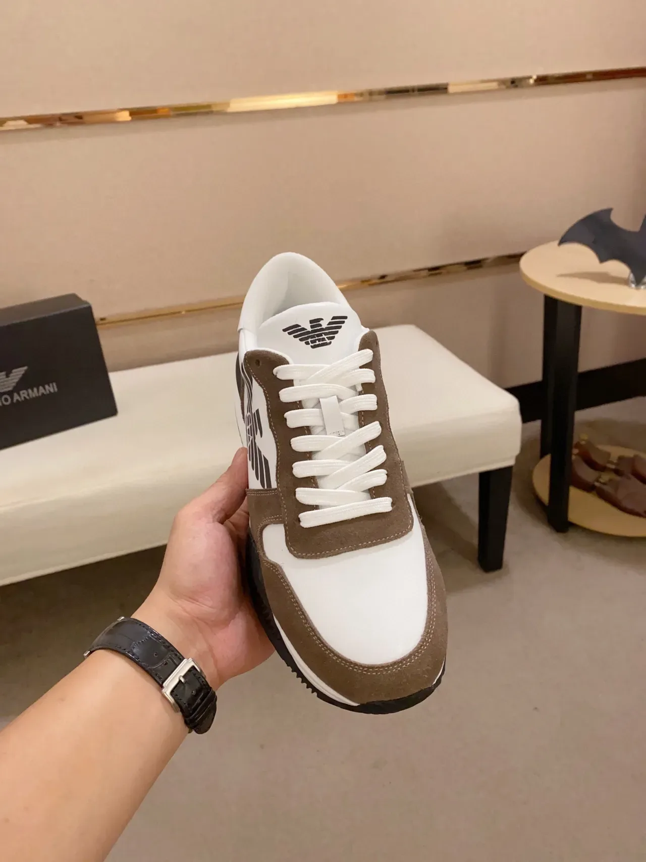 Emporio Armani Eagle Logo Brown and White Lifestyle Sneakers 9