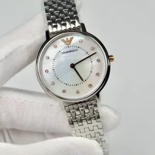 Emporio Armani चांदी सफेद गोल मामले माँगो पर्ल डायल क्वार्ट्ज घड़ी